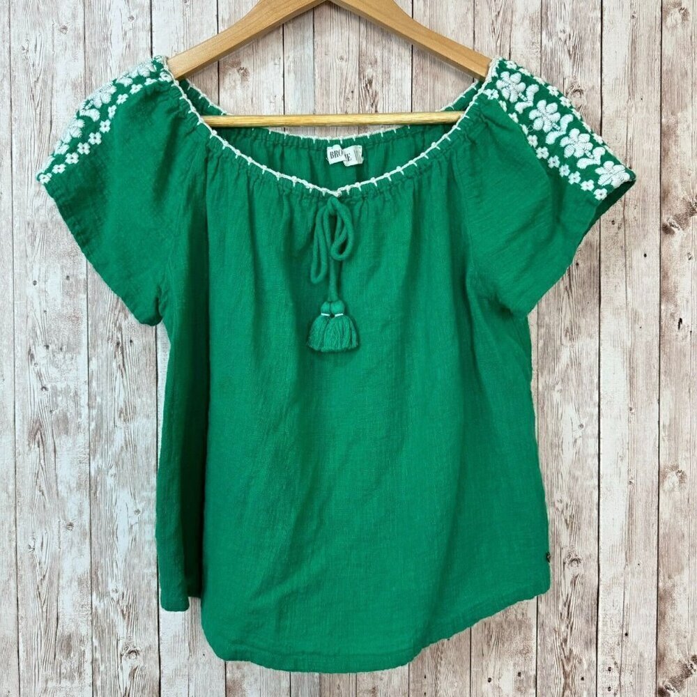 Brownie Womens Ines Bordada Embroidered Blouse Artisanal Piece Green White XS-S
